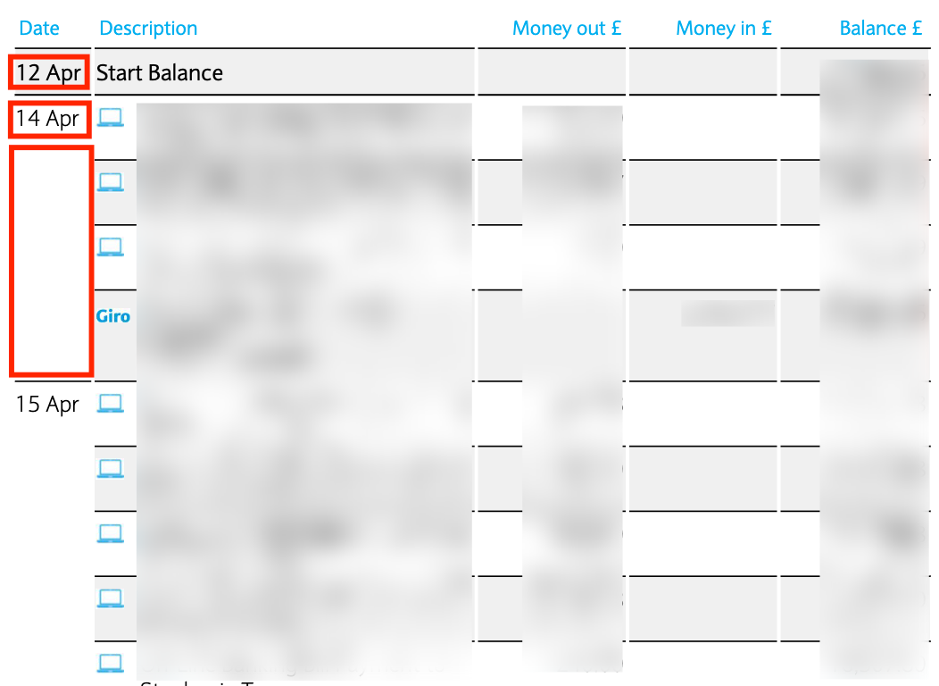 Barclays transactions with missing dates